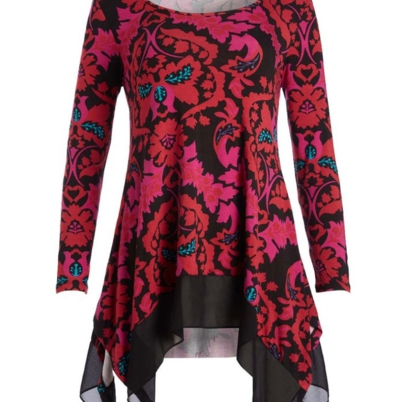 Joan Vass pink & black baroque brocade print sidetail top, XL, EUC - Picture 3 of 3